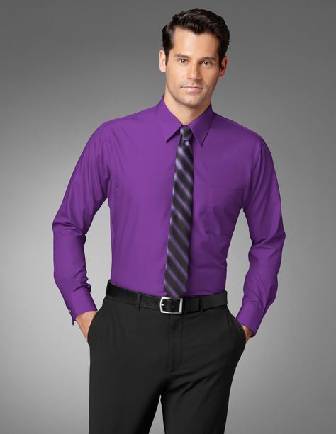 Purple Shirt Outfits, Black Trousers Outfit, Choir Uniforms, Drum Tattoo, Formal Dresses For Men, Men's Business Outfits, Purple Dress Shirt, Black Pants Men, Mens Casual Dress Outfits