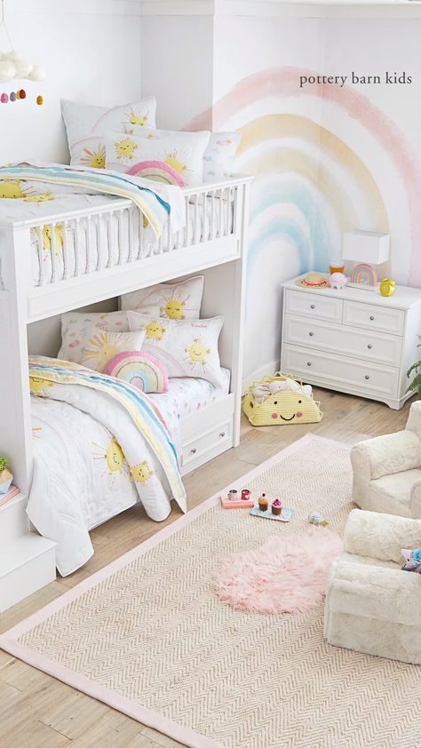 Bedroom Ideas For Small Rooms For 2 Sisters, Bunk Beds For Girls Room, Twin Girl Bedrooms, Bed For Girls Room, Bedroom For Girls Kids, Shared Girls Room, Rainbow Bedroom, Shared Girls Bedroom, Toddler Bedroom Girl