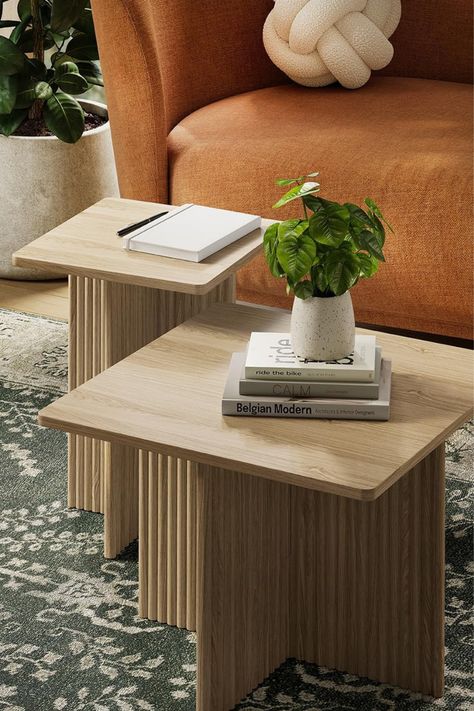 I love these modern organic nesting coffee tables. Nesting Coffee Table. Natural Wood Coffee Table. Square Nesting Tables. Diy Nesting Coffee Table, Wood Coffee Table Square, Nesting Tables Living Room, Coffee Table Hacks, Eclectic Coffee Tables, Natural Wood Coffee Table, Wood Nesting Tables, Triangle Coffee Table, Gold Graduation Party