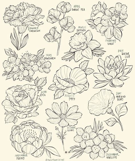 Monthly Flower Chart, Birth Flower Half Sleeve, Birth Month Flower Sketches, Birth Month Flower Tattoos On Arm, Birth Month Constellations, Mixed Flowers Tattoo, Cluster Of Flowers Tattoo, Floral Tattoo Design Forearm, Birth Flower Chart