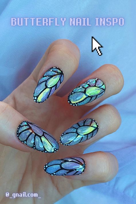 Embody your inner ethereal spring queen with Mariposa butterfly press ons from GNAIL - inspired by blue butterfly wings! These magical iridescent chrome nails are ombre, cat eye, and glow in the dark. These are gorgeous for any occasion and match any outfit - especially for spring. Get started on your custom nail journey with a sizing kit! Rainbow Butterfly Nails, Iridescent Chrome Nails, Ombre Cat Eye, Mermaid Chrome, Nail Journey, Mariposa Butterfly, Blue Butterfly Wings, Holo Nails, Butterfly Nails