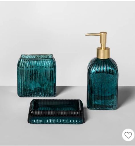 Teal Bathroom Accessories, Bathroom Dispensers, Glass Bathroom Accessories, Teal Bathroom, Silver Bathroom, Maximalist Style, Glass Soap Dispenser, Glass Dispenser, Blue Bath