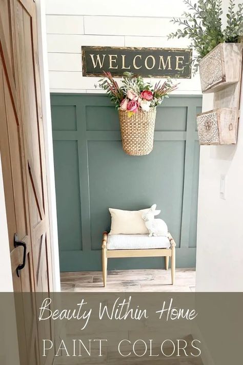 A green painted board and batten wall with white shiplap above it, a basket with pink flowers hanging on the wall and a wood bench underneath. The words "Beauty Within Home Paint Colors" is written at the bottom. Cream Bedroom Walls, Diy Board And Batten Wall, Home Paint Colors, Diy Board And Batten, Picking Paint Colors, Best Neutral Paint Colors, Farmhouse Diy Projects, Bunny Shape, Entry Mudroom