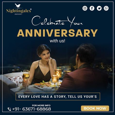 We can‘t wait to help you celebrate your anniversary. Let us know some details about what you’re looking for and we’ll get back to you straight away with a unique anniversary experience that you won't forget! We are just a call away. Book now: 6367168868 visit: www.nightingalesresort.com #NightingalesResort #club #weekend #dreams #luxuryresort #resortlife #swimmingpool #bestfood #tourism #holiday #wedding #weddingpackage Weekend Food Creative Ads, Resort Social Media Post Ideas, Anniversary Creative Ads, Restaurant Creative Ads, Graphic Design Interview, Hotel Marketing Design, Creative Advertisement, Dj Event, Hotel Ads