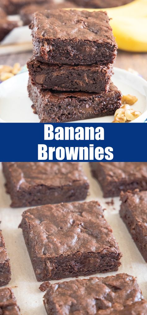 Banana brownies are super fudgy, with crackly tops and subtle banana sweetness in every bite. It's the perfect way to use up a ripe banana! #banana #brownies #dessert Banana Bread Brownies Easy, Banana Food Ideas, What To Make With Bananas Going Bad, Old Bananas What To Do With, Recipes With Ripe Bananas, Banana Brownie Recipe, Ripe Banana Recipes, Chocolate Banana Brownies, Gooey Desserts