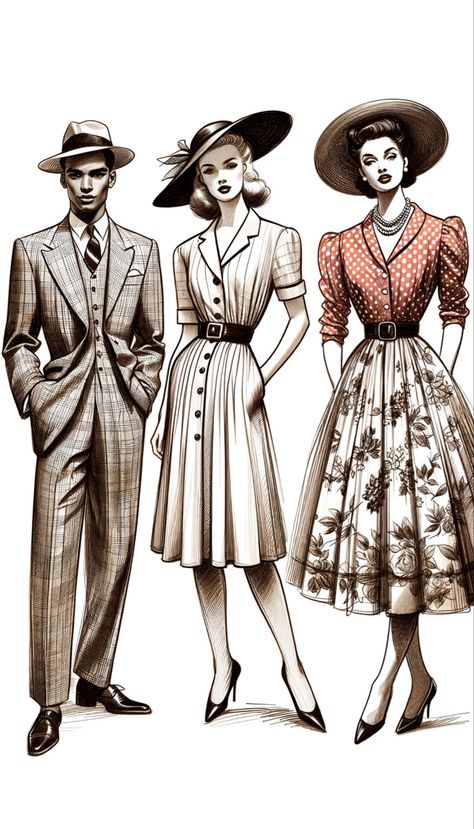 "
Hand-sketched vertical collage depicting diverse 1940s fashion models, showcasing tailored suits, wartime dresses, polka-dot outfits, high-waisted trousers, and floral dresses with bolero jackets. 1944 Fashion, 1940s Fashion Women, School Works, 1940s Women, Work Jumpsuit, 1940s Woman, 1940s Hairstyles, Shirtwaist Dress, Rosie The Riveter