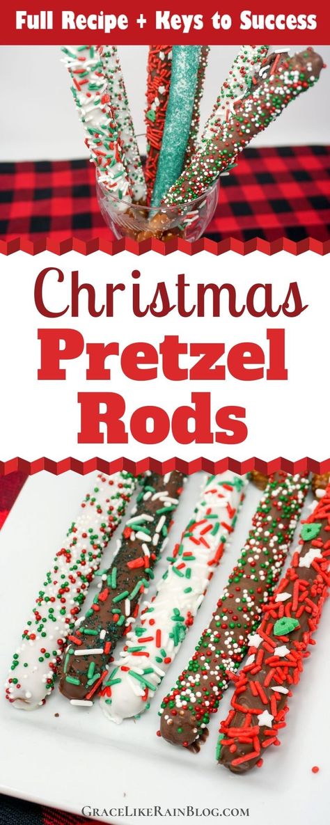 Christmas Chocolate Covered Pretzel Rods - Grace Like Rain Blog Christmas Pretzel Rods, Pretzel Rods Recipe, Dipping Recipes, Chocolate Covered Pretzels Christmas, Decorated Pretzels, Christmas Pretzel, Chocolate Pretzel Rods, Chocolate Dipped Pretzel Rods, Christmas Treats To Make