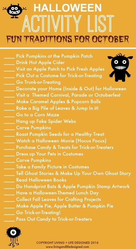 Printable Halloween activities to tackle in the month of October. Fun ideas… Printable Halloween Activities, Activity List, Halloween Bucket List, Halloween Playlist, Imprimibles Halloween, Hallowen Ideas, Month Of October, Halloween Activity, Halloween Traditions