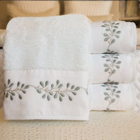 Modern Bed Linen, Luxury Bed Linens, Embroidered Sheets, Towel Embroidery Designs, Kim Seybert, Yves Delorme, Blue White Decor, West Palm Beach Florida, Towel Embroidery