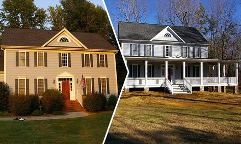 Wrap around front covered porch addition before and after Front Porch Addition Colonial, Colonial Front Porch Ideas, Rap Around Porch, Colonial Front Porch, Front Porch Pictures, Wrap Around Porches, Front Porch Remodel, Front Porch Addition, Colonial House Exteriors