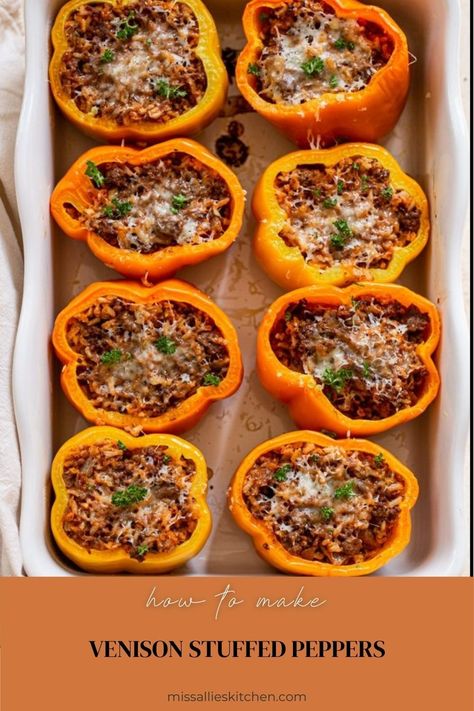 These classic venison stuffed peppers are chock full of perfectly seasoned ground venison, rice, and a rich tomato sauce. Top with a bit of cheese and voila! Elk Recipes, Ground Venison, Deer Meat Recipes, Deer Meat, Wild Game Recipes, Venison Recipes, Easy Dinners, Game Food, Tomato Sauce