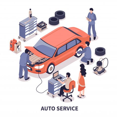 Auto service illustration Free Vector | Free Vector #Freepik #freevector #car #people #isometric #worker Service Illustration, Auto Service Center, Vehicle Inspection, Car Repair Service, Car Service, Free Cars, Auto Service, Car Maintenance, Emergency Service