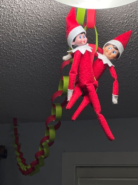 The elves strung together lots of red and green paper chains. Then dangled from the ceiling. Looks very festive, thanks Marion and Holly #elf #elfontheshelf Elf On Shelf Im Back, Elf On Shelf, Paper Chain, Elf Antics, Paper Chains, Green Paper, Paper Garland, Im Back, The Ceiling