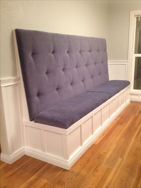 Built-in banquet. We needed more room in our small dining room so bench seating made the most sense. My wife Janell learned how to tuft the upholstery and chose some really nice micro suede material for easy clean up. We used extra thick foam (high density foam at 3 inches) for a comfy seat and back rest. I made the bench look built-in by using the same baseboard and wainscoting motif as the rest of the house #diy #banquette #diningroom Built In Bench Seating Kitchen, Built In Kitchen Bench, Kitchen Nook Bench, Dining Bench Cushion, Dining Table Bench Seat, Built In Bench Seating, Kitchen Storage Bench, Corner Bench Seating, Bench Seating Kitchen