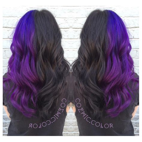 143 Likes, 6 Comments - Brittany Holland (@cozmic.color) on Instagram: “😈😈😈 #modernsalon @modernsalon ” Purple And Black Hair, Half Colored Hair, Grey Balayage, Half Dyed Hair, Half And Half Hair, Split Dye, Split Dyed Hair, Hair Color Streaks, Hair Streaks