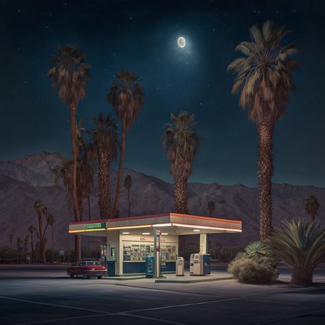 POV: You’re driving through the desert late at night, and need to stop for gas. Which gas station do you choose to fuel up… | Instagram 90s Gas Station Aesthetic, Midnight Gas Station Aesthetic, 90s Gas Station, Late Night Gas Station Aesthetic, Late Night Gas Station, Gas Aesthetic, Desert Gas Station, Aesthetic Gas Station, Gas Station At Night