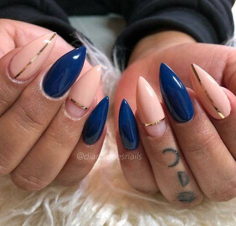 Blue Almond Nails Ideas, Nude Nails With Blue Design, Almond Nails Designs Blue, Dark Blue Fall Nails, Nude And Blue Nails, Blue And Nude Nails, Navy Blue Almond Nails, Blue Almond Nails Design, Blue Nails Acrylic