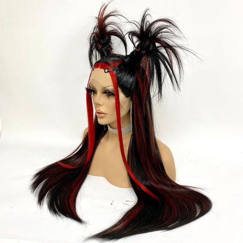 Unique Alt Hairstyles, Drag Hair Wigs, Cool Wig Hairstyles, Alt Wig Hairstyles, Drag Wigs Styling, Drag Hairstyles, Unique Wig Hairstyles, Red And Black Wig, Extravagant Hairstyles