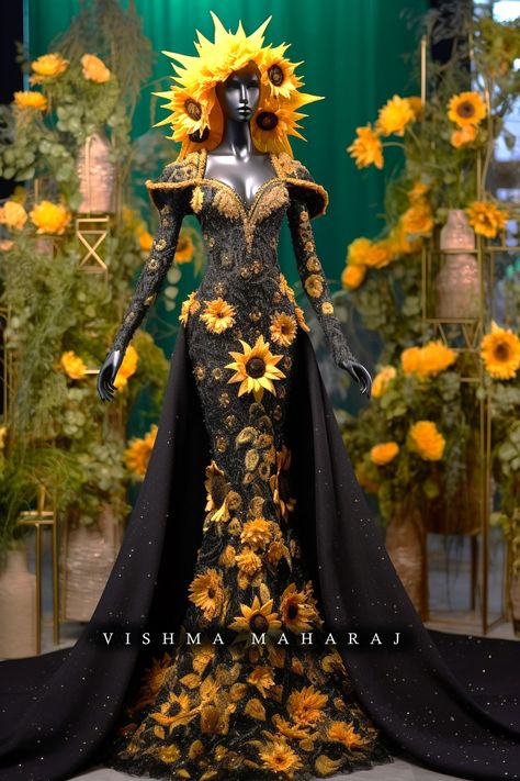 Sunflower Fashion Design, Sunflower Inspired Dress, Sunflower Wedding Dress, Sunflower Gown, Transylvania Costume, Sunflower Magic, Vishma Maharaj, Sunflower Dresses, Sunflower Costume