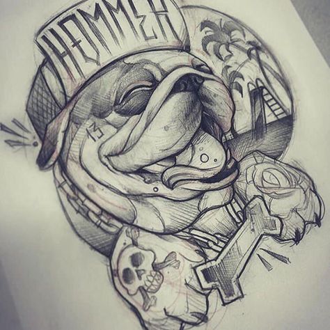 Bulldog Tattoo Design, Bulldog Tattoo, Chicano Drawings, Graffiti Characters, Tattoo Sketch, New School Tattoo, Antique Floral, Desenho Tattoo, Chicano Art