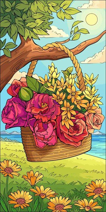 Premium Vector | Vector a basket with flowers and a basket with a rope tied around it Basket Of Flowers Drawing, Flower Basket Drawing, Drawing Pictures For Kids, Basket With Flowers, Drawing Beautiful, Basket Drawing, Drawing Pictures, Garden Illustration, Basket Of Flowers