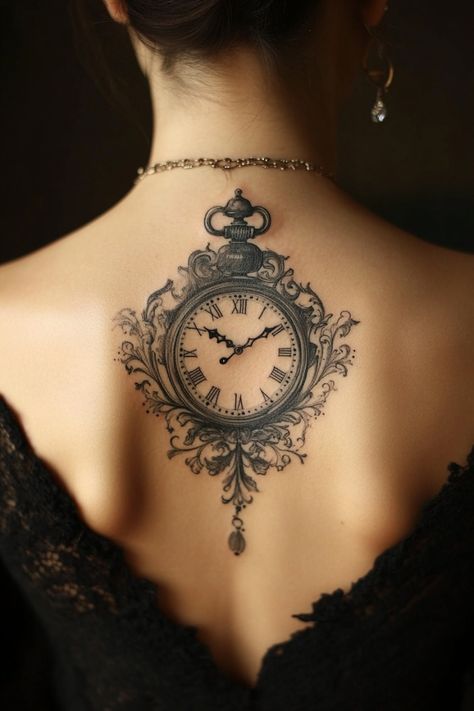 Intricate pocket watch tattoo with Roman numerals on a person's upper back, framed by lace. Midnight Clock Tattoo, Womens Clock Tattoos, Clock Tattoo Ideas For Women, Classic Tattoo For Women, Clock Tattoos For Women, Stopwatch Tattoo, Old Clock Tattoo, Cuckoo Clock Tattoo, Feminine Clock Tattoo