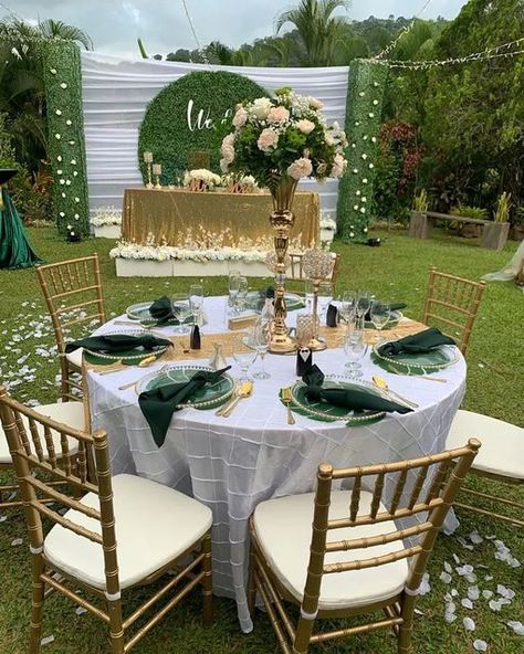 Emerald Green And Gold Outdoor Wedding, Emerald Green And Gold Reception Decor, Emerald Green Outdoor Wedding, Green And Gold Wedding Table Decor, Emerald Green Backyard Wedding, Emerald Green Cream And Gold Wedding Decor, Emerald Green Event Decor, Green And Gold Quinceanera Decorations, White Green And Gold Wedding Decor