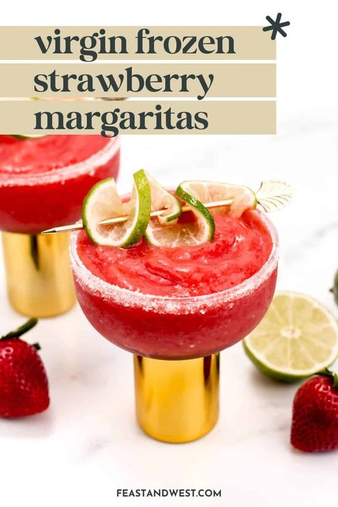 Make a virgin frozen strawberry margarita when you're craving a refreshing fruity beverage! This easy mocktail is so tasty. Virgin Strawberry Margarita Recipe, Virgin Strawberry Margarita, Virgin Cocktail Recipes, Margarita Mocktail Recipe, Virgin Margarita, Frozen Strawberry Margarita, Strawberry Margarita Recipe, Best Non Alcoholic Drinks, Virgin Cocktails