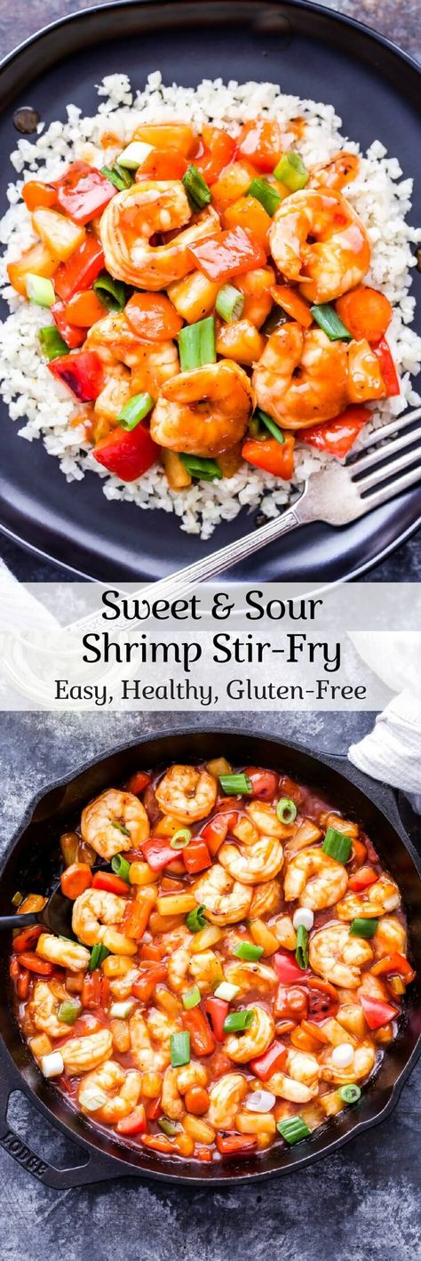 This healthier Sweet and Sour Shrimp Stir-Fry has all the flavor of your favorite restaurant version without all the calories and loads of sugar! Gluten-free and on the table in 30 minutes or less! #stirfry #sweetandsour #shrimp #healthy #glutenfree Sweet And Sour Shrimp Recipe, Sweet And Sour Shrimp, Sweet Chili Shrimp, Stir Fry Shrimp Recipes, Stir Fry Sauce Recipe, Homemade Stir Fry, Healthy Stir Fry, Shrimp And Vegetables, Shrimp Stir Fry