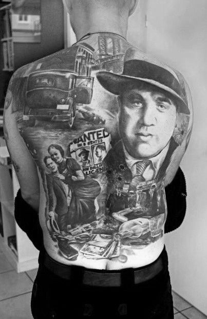 50 Al Capone Tattoos For Men Bonnie And Clyde Tattoo, Mob Tattoo, Tattoo Mafia, Marilyn Monroe Tattoo, Symmetrical Tattoo, Vegas Tattoo, Gangsta Tattoos, Bonnie And Clyde, Men Tattoos Arm Sleeve