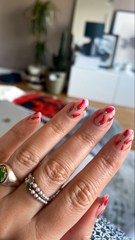 Chile Pepper Nails, Hot Pepper Nails, Red Nail Designs Cherry, Chilli Nails Design, Chili Pepper Nail Art, Chilli Pepper Nails, Chilli Nail Art, Dr Pepper Nails, F1 Nails Designs Ferrari