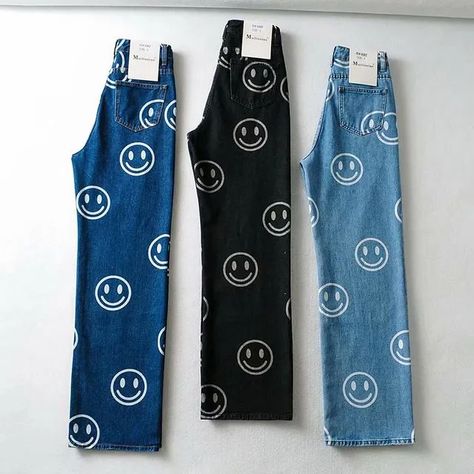 SugaYuja - Smiley Face Print Straight Leg Jeans | YesStyle Smiley Face Jeans, Smiley Face Print, Shop For Clothes, Face Print, Clothes Accessories, Smiley Face, Aesthetic Outfits, Online Shopping Clothes, Jeans Style