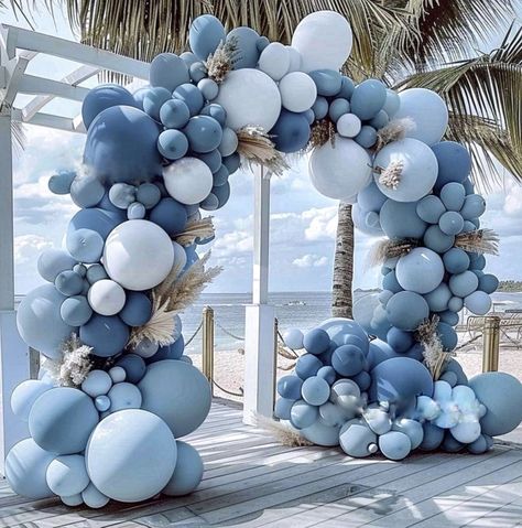 Blue Birthday Table Decorations, Blue Event Design, Light Blue Decorations Party, Blue Balloons Decorations, Light Blue Birthday Party Decorations, Baby Blue Balloon Garland, Blue Balloon Wall, Blue Birthday Themes, Blue Party Themes