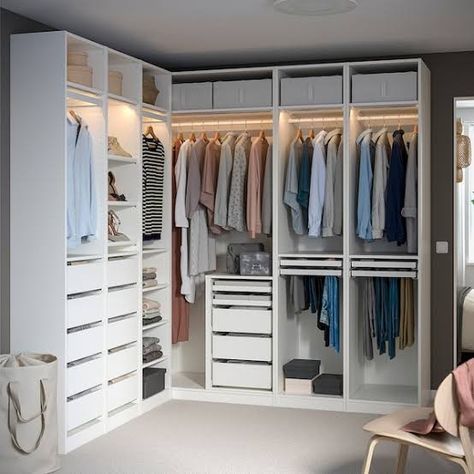 Large Ikea Pax Wardrobe, Wardrobe With Hanging Space, Fitted Wardrobe Organisation, Open Corner Wardrobe, Ikea Wardrobe Ideas Organizations, Ikea Wordrobe, Ikea Wardrobe Pax Ideas, Wardrobe For Clothes, Pax Wardrobe Ideas Corner