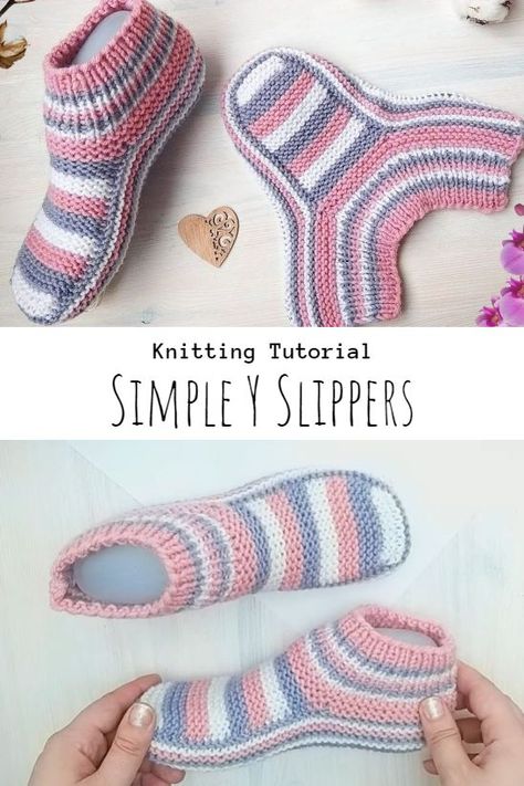 Knit Simple Y Slippers Diy Crochet Slippers, Crocheted Slippers, Food Tutorials, Knit Slippers Free Pattern, Crochet Slippers Free Pattern, Knitted Slippers Pattern, Crochet Shoes Pattern, Crochet Slipper Pattern, Beginner Knitting Projects