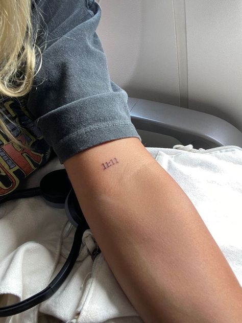 Dainty Angel Number Tattoos, Dainty Birthday Tattoo, 11:11 Arm Tattoo, Angel Number Arm Tattoo, Cute Number Tattoos, Small Tattoo Arm Women, Small 11:11 Tattoo, 1111 Tattoo Ideas Fonts, Small Tattoos Numbers