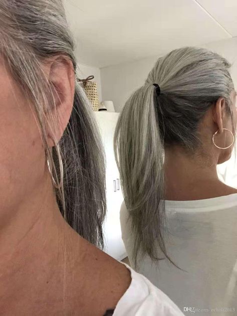 Silver grey human hair pony tail hairpiece wrap around Dye free natural hightlight salt and pepper gray hair ponytail Dark Underneath Hair Light On Top, Grey Hair Ponytail, Grey Ponytail, Pepper Hair, Going Grey, Salt And Pepper Hair, Gorgeous Gray Hair, Grey Hair Inspiration, Beautiful Gray Hair