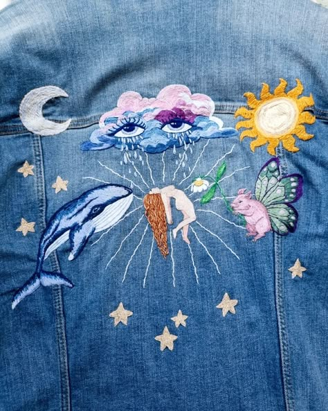 #embroidery #art by Nathalie Rydell #spiritualart #ascension #awakening #woman #sun #moon #stars #whaleart #pig #Stickerei #jeansjacket #embroideryonclothing Moon Stars Embroidery, Spiritual Embroidery, Sun And Moon Embroidery, Clothes With Embroidery, Stars Embroidery, Otherworldly Beauty, Shoulder Embroidery, Moon Embroidery, Closet Art