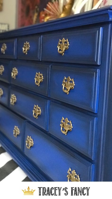 Bright Cobalt Blue Dresser Makeover by Tracey's Fancy with #DixieBellePaint | Gold Hardware #Bluefurniture Blue Painted Furniture Blue Paint Colors Blue | Blue Dresses Bedroom Blue Nursery Dresser #paintcolorblue #gold Blue Dresser Makeover, Early American Furniture, Blue Painted Furniture, Furniture Blue, Grey Bedroom Furniture, Classy Furniture, Blue Dresser, Bedroom Blue, Diy Dresser Makeover