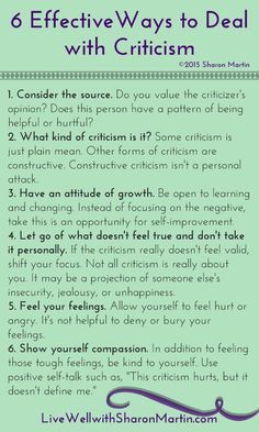 6 Effective Ways to Deal with Criticism (scheduled via http://www.tailwindapp.com?utm_source=pinterest&utm_medium=twpin&utm_content=post188117965&utm_campaign=scheduler_attribution) Dealing With Criticism, How To Accept Criticism, Accepting Criticism, Dont Take It Personally, Constructive Criticism, Mental And Emotional Health, Coping Skills, Hard Time, Infp