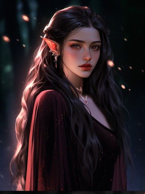 Elf With Black Hair Female, Black Hair Elf Female Art, Dark Haired Elf, Elf With Black Hair, Black Haired Elf, Elf Black Hair, Elf Dnd Female, Fae Drawings, Fae Female