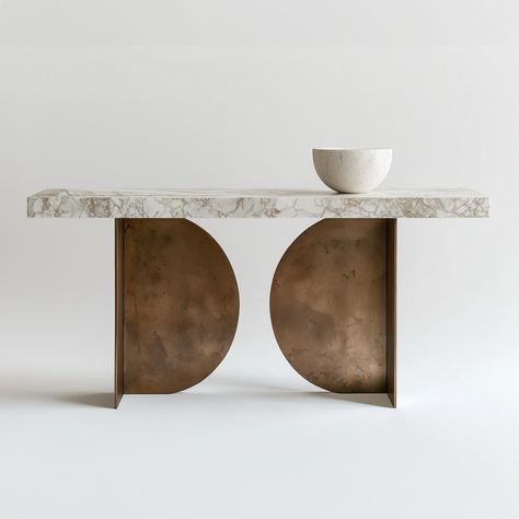 🌕✨ Elevate your entryway with the Celestial Console, a minimal blend of classic elegance and modern geometric artistry. Featuring a luxurious Calacatta marble top and antique brass legs forming two elegant half circles, this sculptural console table draws inspiration from celestial elegance and planetary movements. 🪐 Perfect for adding a touch of refined luxury to our home, this unique piece showcases the natural beauty of the marble stone, making it an ideal centerpiece. Unique Console Table, Minimal Table, Console Table Design, Marble Console Table, Marble Console, Calacatta Marble, Marble Stone, Marble Stones, Console Tables