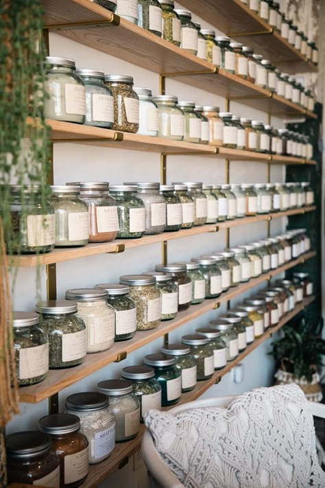 Herbal Factory and Tonic Bar Shed Apothecary, Herbal Tea Station Ideas, Home Herbal Apothecary, Tea Shop Interior Design Ideas, Herb Shop Interior, Herbal Store Design, Herbal Shop Aesthetic, Tincture Storage, Herb Storage Ideas