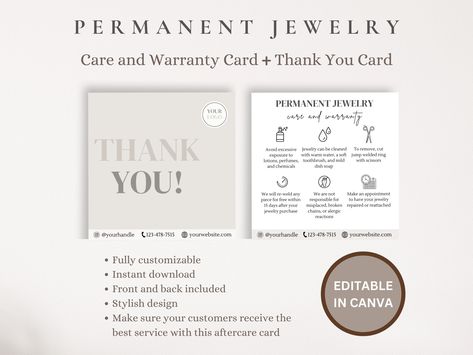 Permanent Jewelry Aftercare & Warranty Card, Editable Thank You Card, Jewelry Business, Permanent Jewelry Care Card, Canva Template by Thelinenpaper on Etsy Business Kit, Jewelry Care Card, Card Jewelry, Permanent Jewelry, Care Card, Business Needs, High Standards, Sign Templates, Jewelry Business