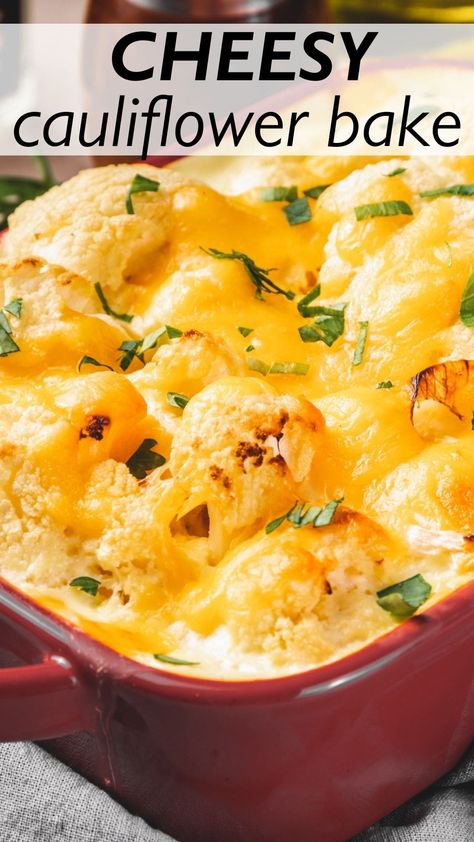 Easy and quick Cheesy Cauliflower Casserole makes a delicious dinner side dish. Prepared with cauliflower florets and a rich cheese sauce, eating your veggies has never been so indulgent! Cheesy Baked Cauliflower, Cauliflower Cheese Casserole, Cheesy Cauliflower Recipes, Cheesy Cauliflower Casserole, Baked Cauliflower Recipe, Baked Cauliflower Casserole, Cheesy Cauliflower Bake, Cauliflower Side Dish, Cauliflower Bake