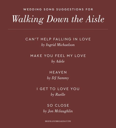 Wedding Music: What to Play and When to Play It | Songs for Walking Down the Aisle | http://brideandbreakfast.ph/2017/01/22/wedding-music-guide/ Feng Shui Wedding, Leaving The Wedding Ideas, Songs For Wedding Party To Walk Down To, Wedding Songs To Walk Down Aisle, Wedding Music Playlist, Wedding Planning Quotes, Wedding Song List, Reception Music, Wedding Ceremony Songs