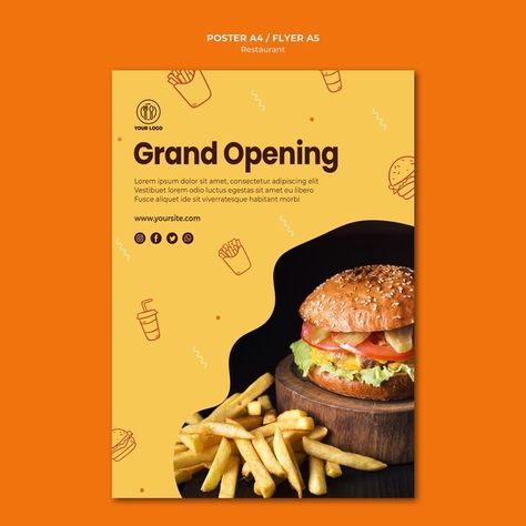 Burger restaurant flyer template | Free Psd #Freepik #freepsd #flyer #poster #food #menu Restaurant Card Design, Burger Poster Design, Mexican Branding, Restaurant Poster Design, Cafe Flyer, Restaurant Posters, Spaghetti Restaurant, Fast Food Poster, Burger Poster