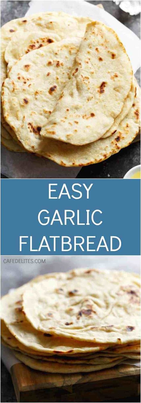 An incredibly easy flatbread recipe with a subtle kick of garlic for extra flavour! | https://cafedelites.com Garlic Flatbread Recipe, Soft Flatbread Recipe, Homemade Flatbread Recipes, Garlic Flatbread, Easy Flatbread Recipes, Keto Friendly Bread, Easy Flatbread, Homemade Flatbread, Flatbread Recipe