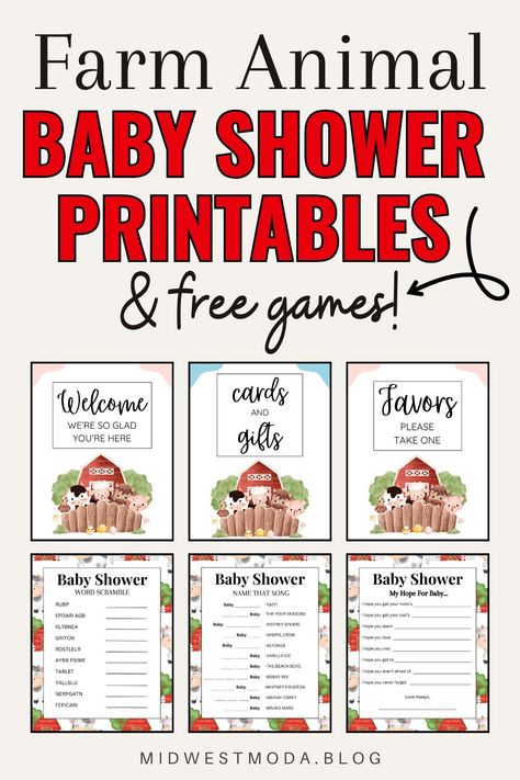 Add a rustic touch to your baby shower with our Farm Animal Theme Baby Shower Printables. These printable signs and FREE Baby Shower Games will enhance the aesthetic of your celebration, making it a memorable event for the mom-to-be and guests alike. Download now for a seamless planning experience at midwestmoda.blog. Farm Fresh Baby Shower Theme, Farm Baby Shower Games, Farm Baby Shower Theme Boys, Baby Farm Animals Shower Ideas, Farm Theme Baby Shower Ideas, Farm Animal Baby Shower Theme, Farm Animal Baby Shower Ideas, Farm Themed Baby Shower Ideas, Barnyard Baby Shower Ideas