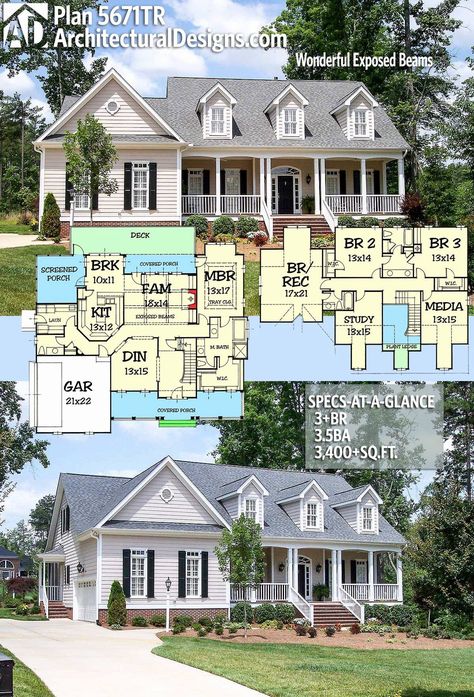 Porch House, Porch House Plans, Running Plan, Architectural Design House Plans, New England Homes, Wrap Around Porch, Exposed Beams, House Blueprints, Country House Plans